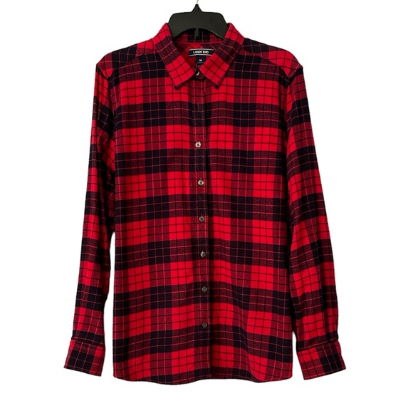 Lands’ End Flannel Shirt Red and Navy Plaid - Picture 2 of 9